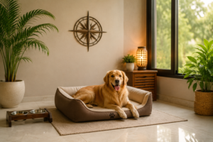 Cozy living room with relaxed dog