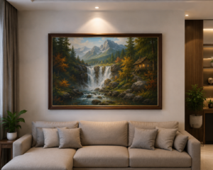 Modern living room with waterfall artwork