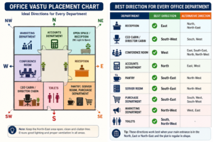 Office Vastu Placement chart showing ideal directions for reception, CEO cabin, accounts department, conference room, pantry, server room, and marketing department.