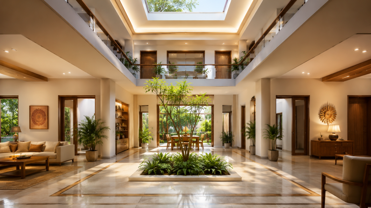 Modern atrium with natural light and greenery