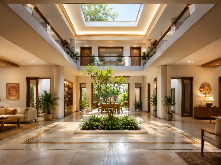 Modern atrium with natural light and greenery