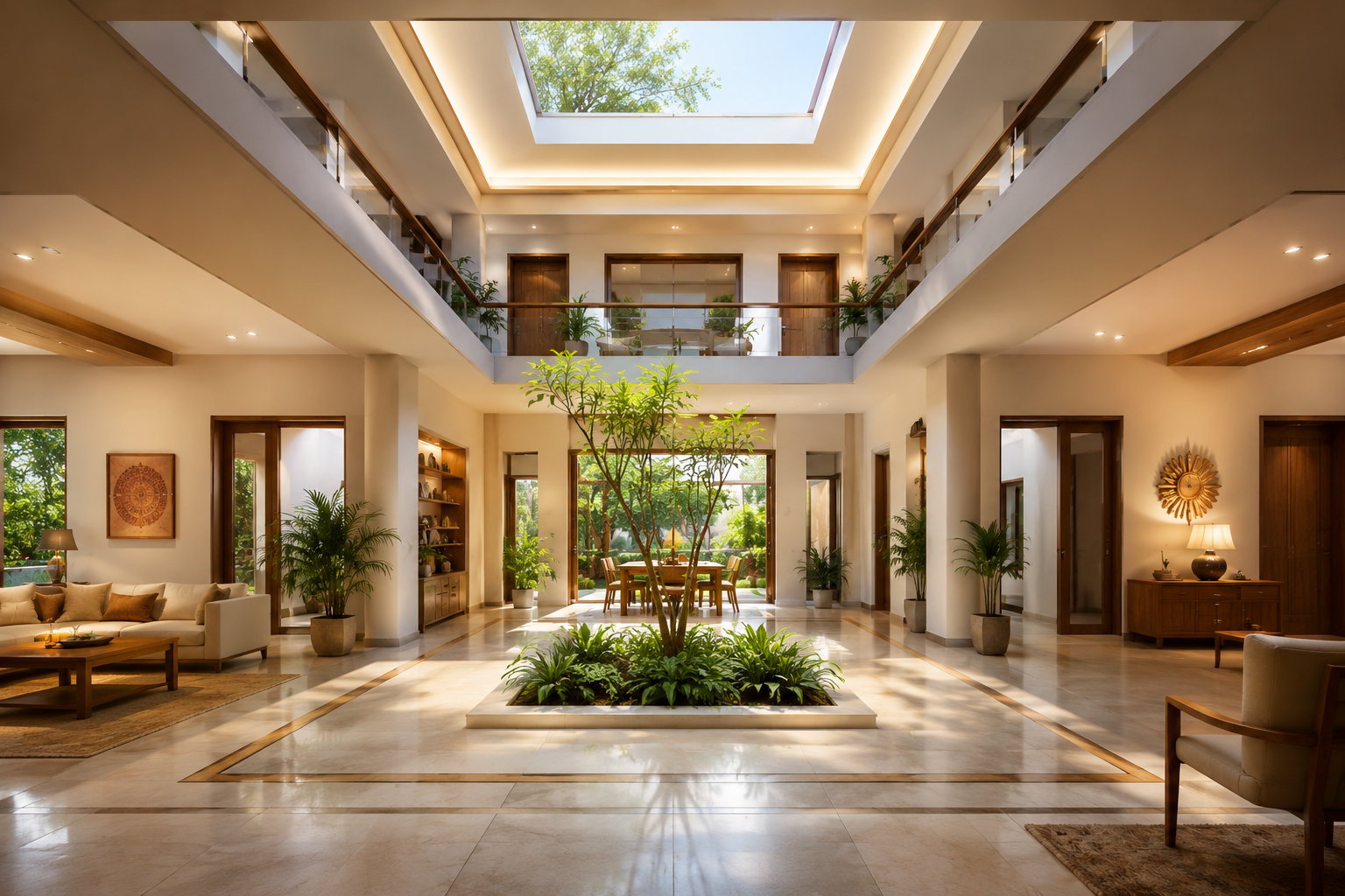 Modern atrium with natural light and greenery