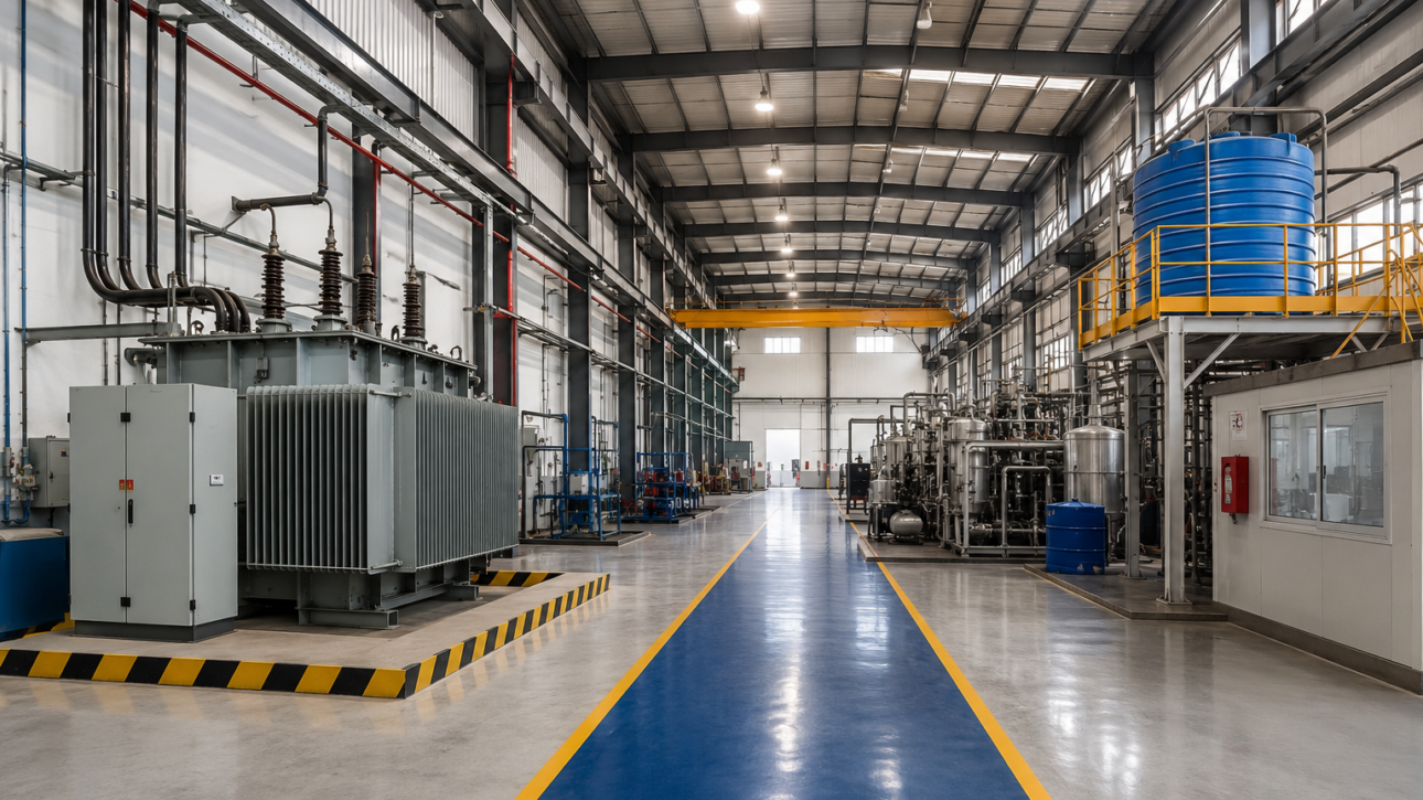 Industrial warehouse with machinery and equipment